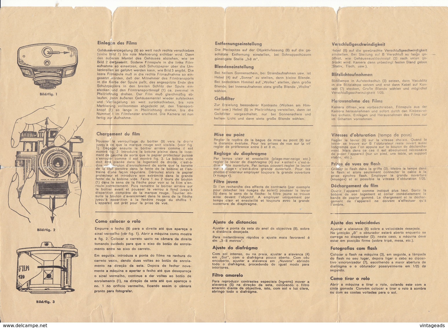 (AD394) Original Bedienungsanleitung VREDEBORCH Felica Kamera 6x6, 3-sprachig - Manuales De Reparación