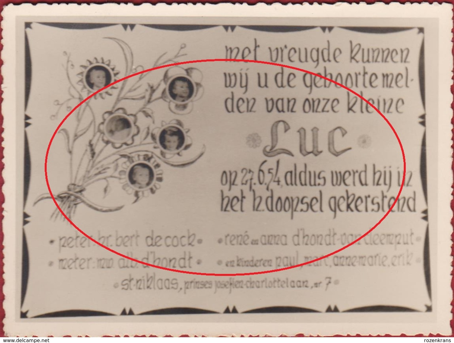 Oud Geboortekaartje Carte Faire Part De Naissance Birth Card Baby Bebe Announcement St-Niklaas 1954 D'Hondt Van Cleemput - Naissance