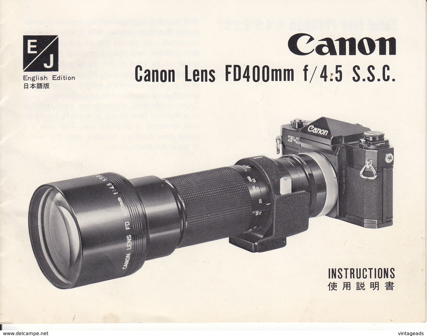 (AD396) Original Bedienungsanleitung CANON Objektiv Canon Lens FD400mm F/4:5 S.S.C. - Reparaturanleitungen