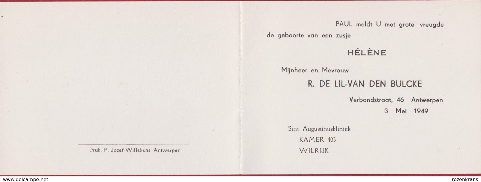 Geboortekaartje 1949 Carte Faire Part De Naissance Birth Card Baby Bebe Announcement Geburtsanzeige Helene De Lil - Naissance