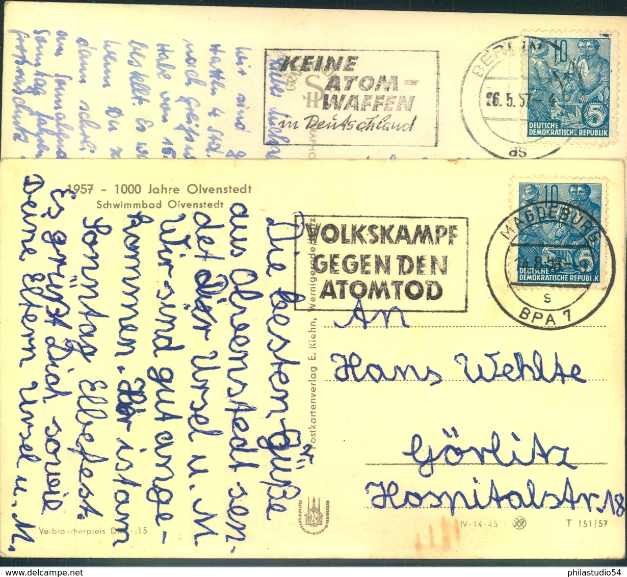 1957/1958, Zwei Postkarten Mit Anti-Atom-Stempeln Von Magdeburg Und Berlin - Autres & Non Classés