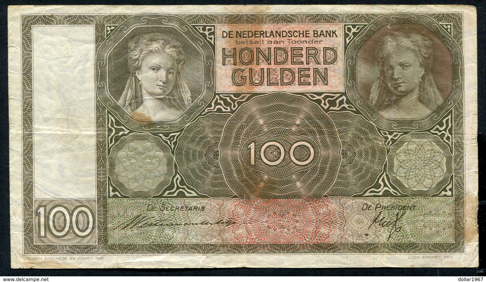 Netherlands  - 100 Gulden 1930 I 'Luitspelende Vrouw' / BR / 1938 - See The 2 Scans For Condition.(Originalscan ) - [1] …-1815: Vor Dem Königreich