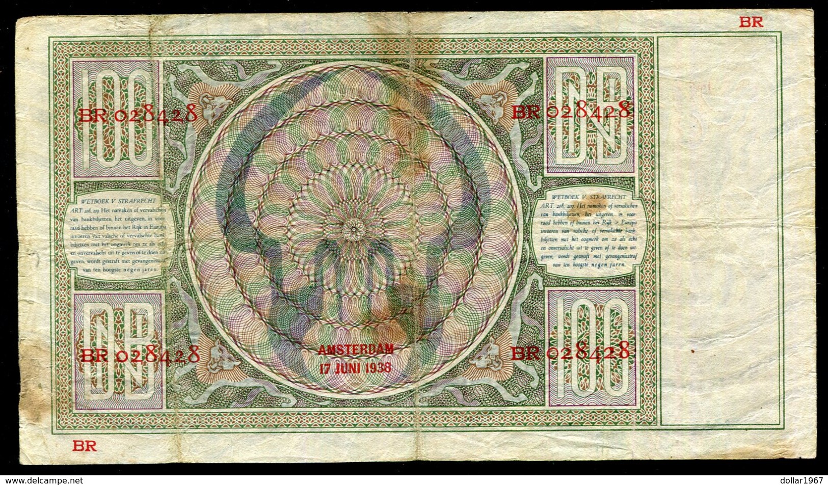 Netherlands  - 100 Gulden 1930 I 'Luitspelende Vrouw' / BR / 1938 - See The 2 Scans For Condition.(Originalscan ) - [1] …-1815 : Pre-Koninkrijk