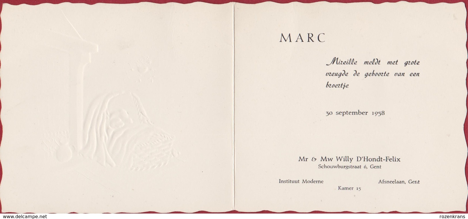 Geboortekaartje 1958 Carte Faire Part De Naissance Birth Baby Announcement Gaufree Embossed Marc D'Hondt Felix Gent - Naissance