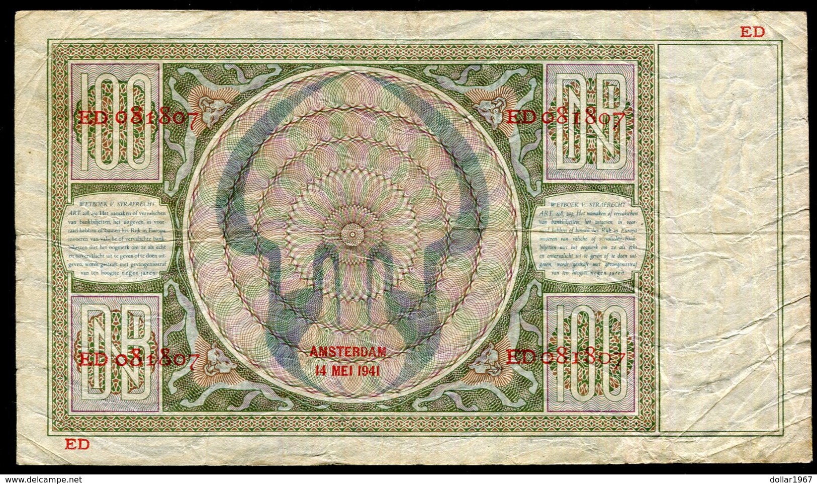 Netherlands  - 100 Gulden 1930 I 'Luitspelende Vrouw' / ED 1941  - See The 2 Scans For Condition.(Originalscan ) - [1] …-1815 : Before Kingdom