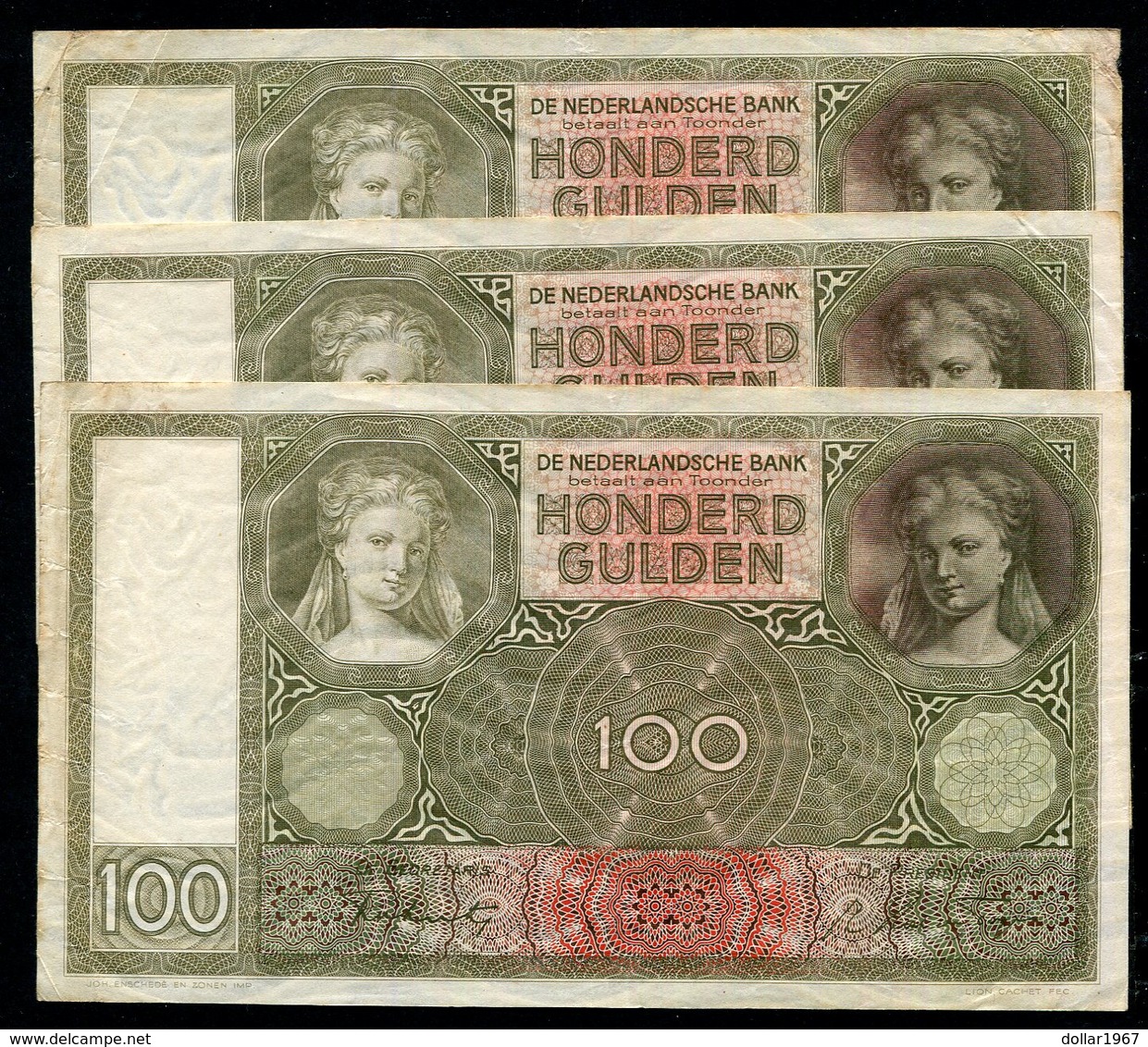 Netherlands  - 3 X 100 Gulden 1930 I 'Luitspelende Vrouw' / Op Nummers  - See The 2 Scans For Condition.(Originalscan ) - [1] …-1815 : Avant Royaume