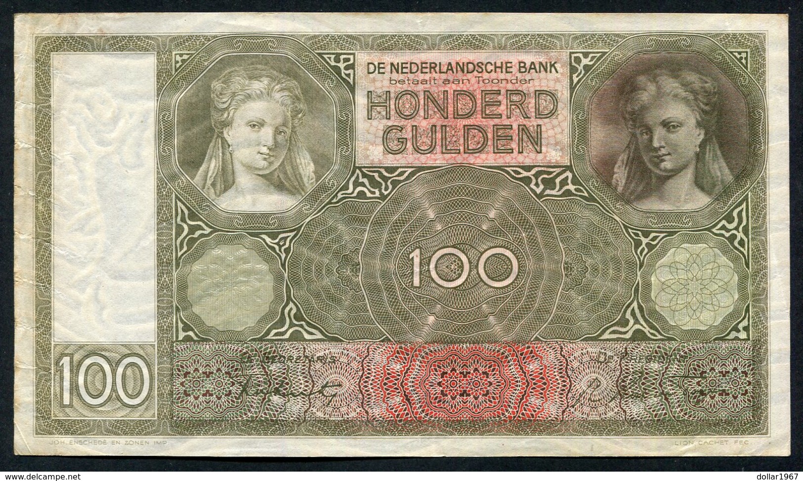 Netherlands  - 3 x 100 Gulden 1930 I 'Luitspelende vrouw' / op nummers  - See the 2 scans for condition.(Originalscan )