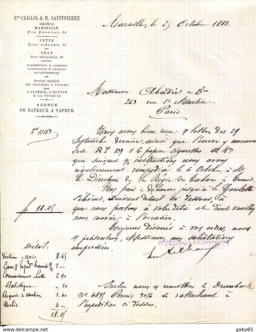 MARSEILLE.CETTE.ORAN.NAVIREA VOILES POUR L'ALGERIE,L'EGYPTE & LA TURQUIE.CAILLOL & SAINTPIERE ARMATEURS.(P.J) - Verkehr & Transport