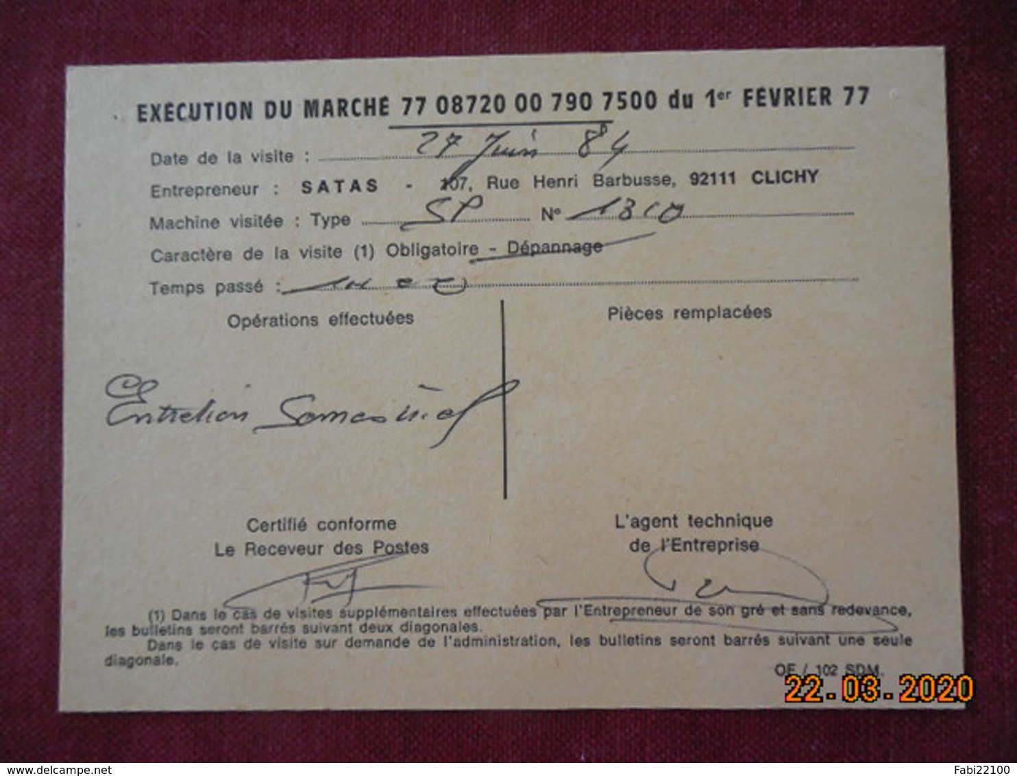 Carte De Contrôle Et D'entretien Des Machines SATAS De Beauvoir Sur Mer De 1984 - Cartas & Documentos