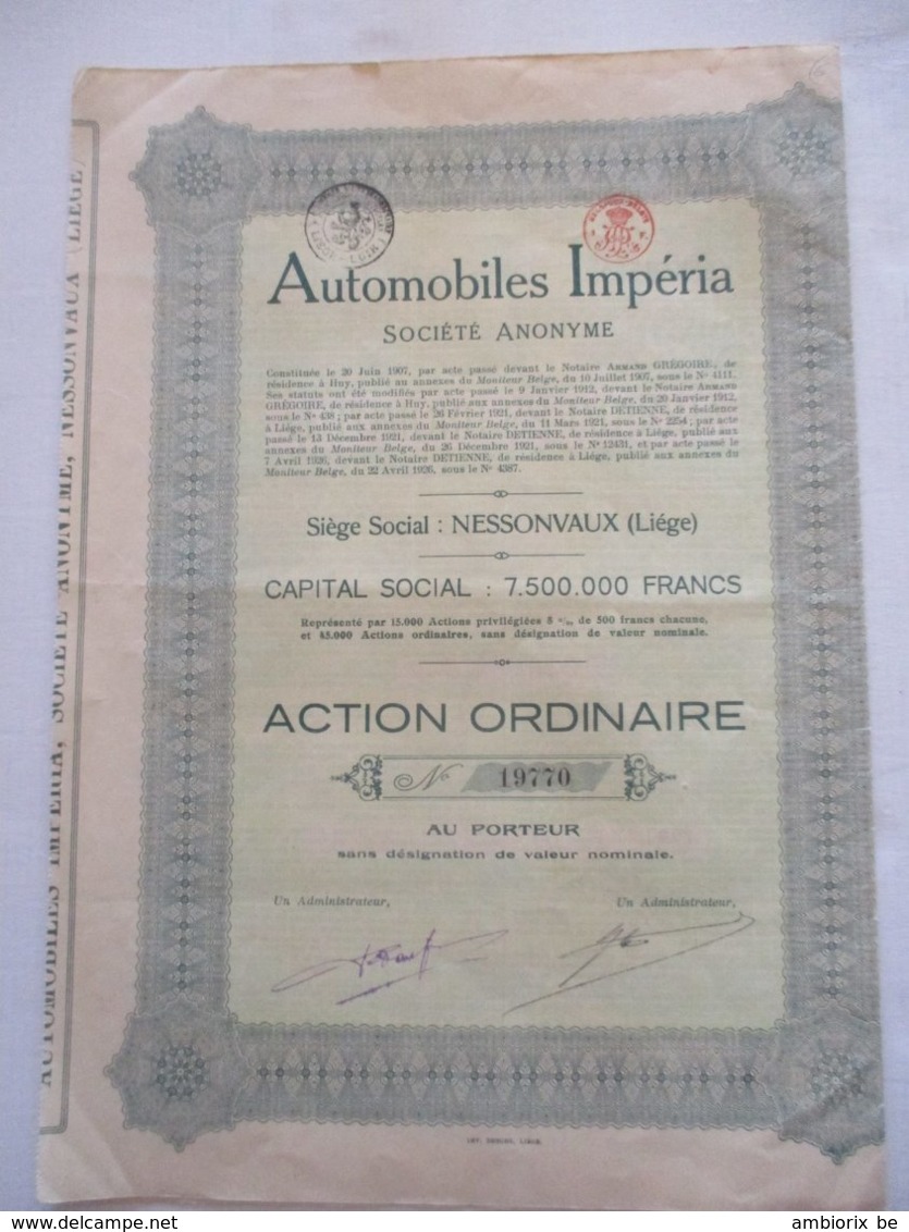 Automobiles Imperia - Nessonvaux - Action Ordinaire - Automobil