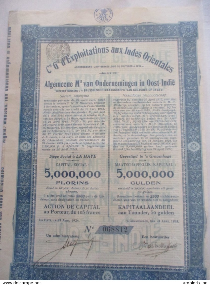 Compagnie Générale D'Exploitations Aux Indes Orientales - Capital 5 000 000 - émis En 1924 - Asia