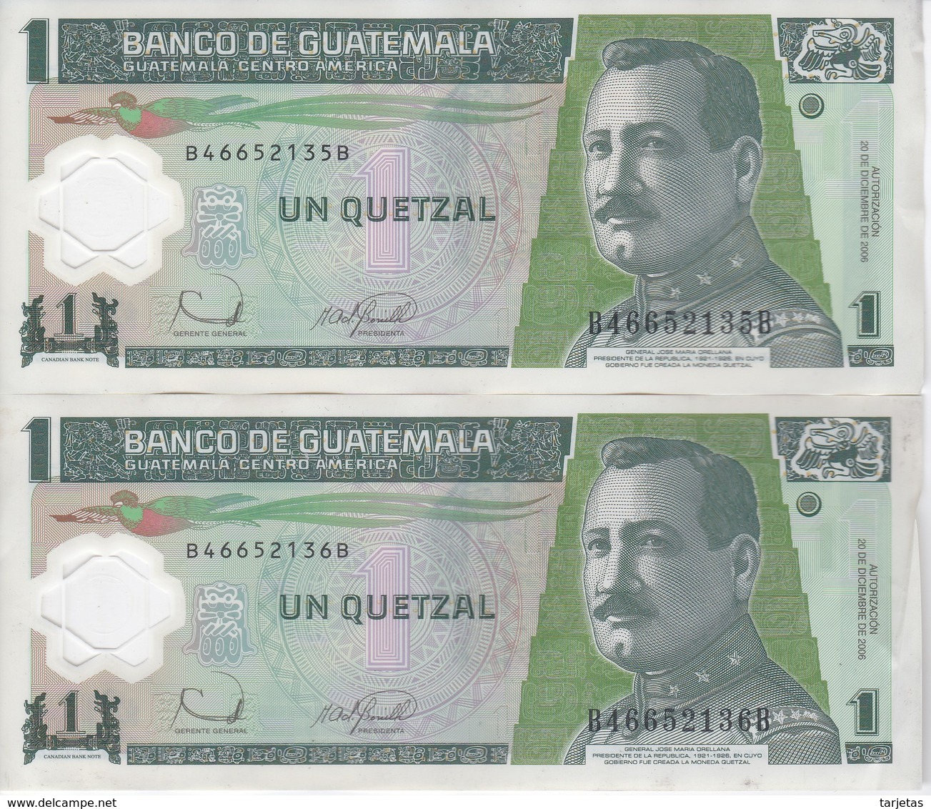 PAREJA CORRELATIVA DE GUATEMALA DE 1 QUETZAL  20 DICIEMBRE 2006 (BANK NOTE) POLIMERO - Guatemala