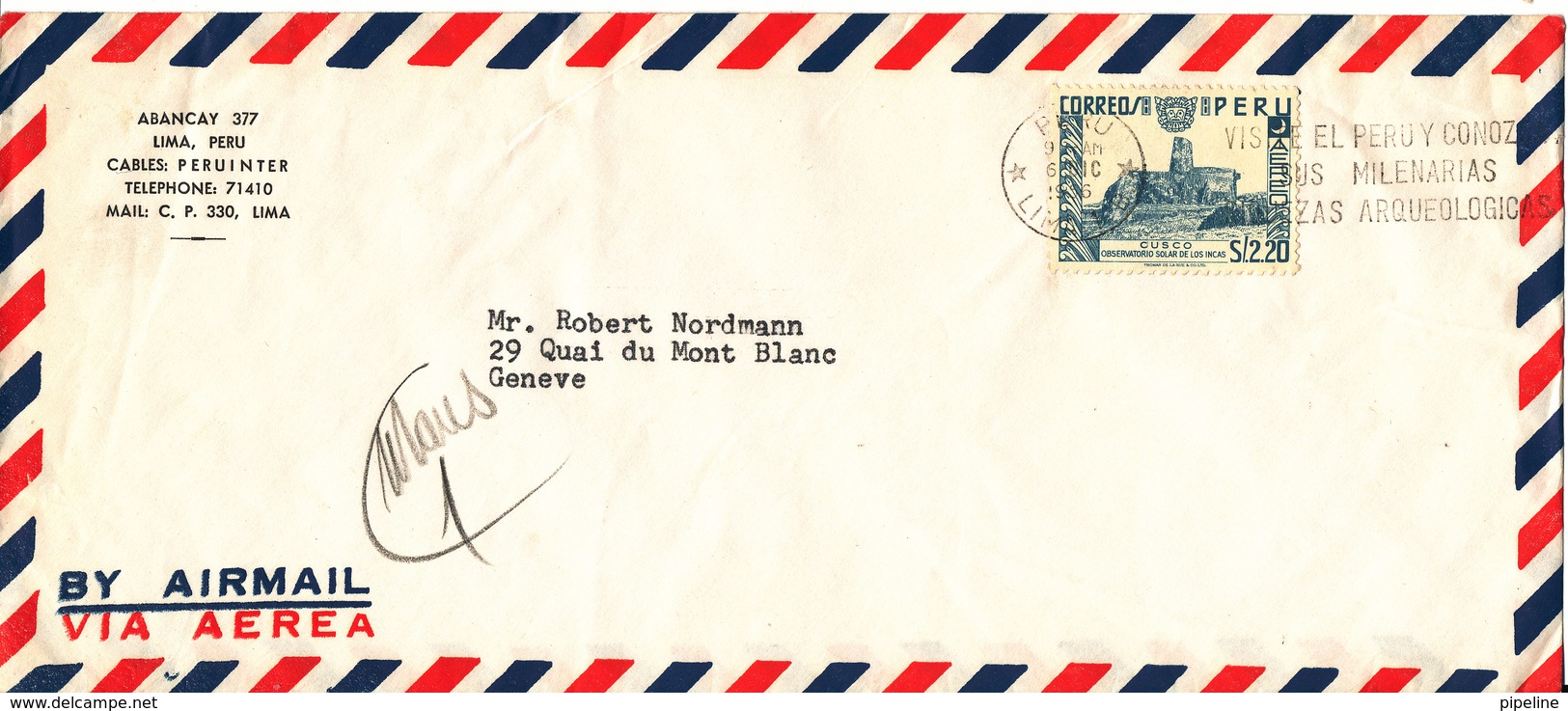 Peru Air Mail Cover Sent To Switzerland 6-12-1966 Single Franked - Peru