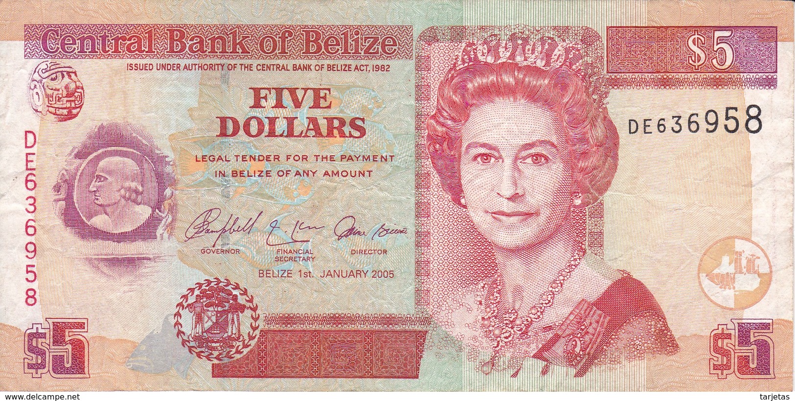 BILLETE DE BELIZE DE 5 DOLLARS  DEL AÑO 2005   (BANKNOTE) - Belize