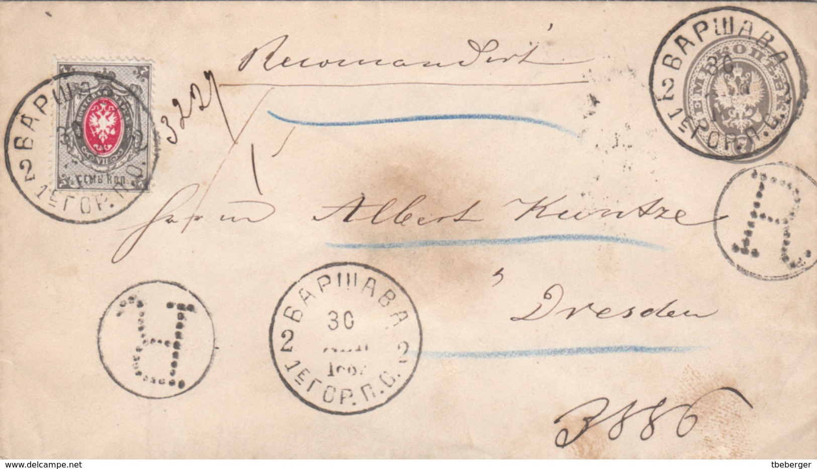 Russia Poland Germany Registered Stationery Cover WARSAW To DRESDEN 1883 (v55) - Briefe U. Dokumente