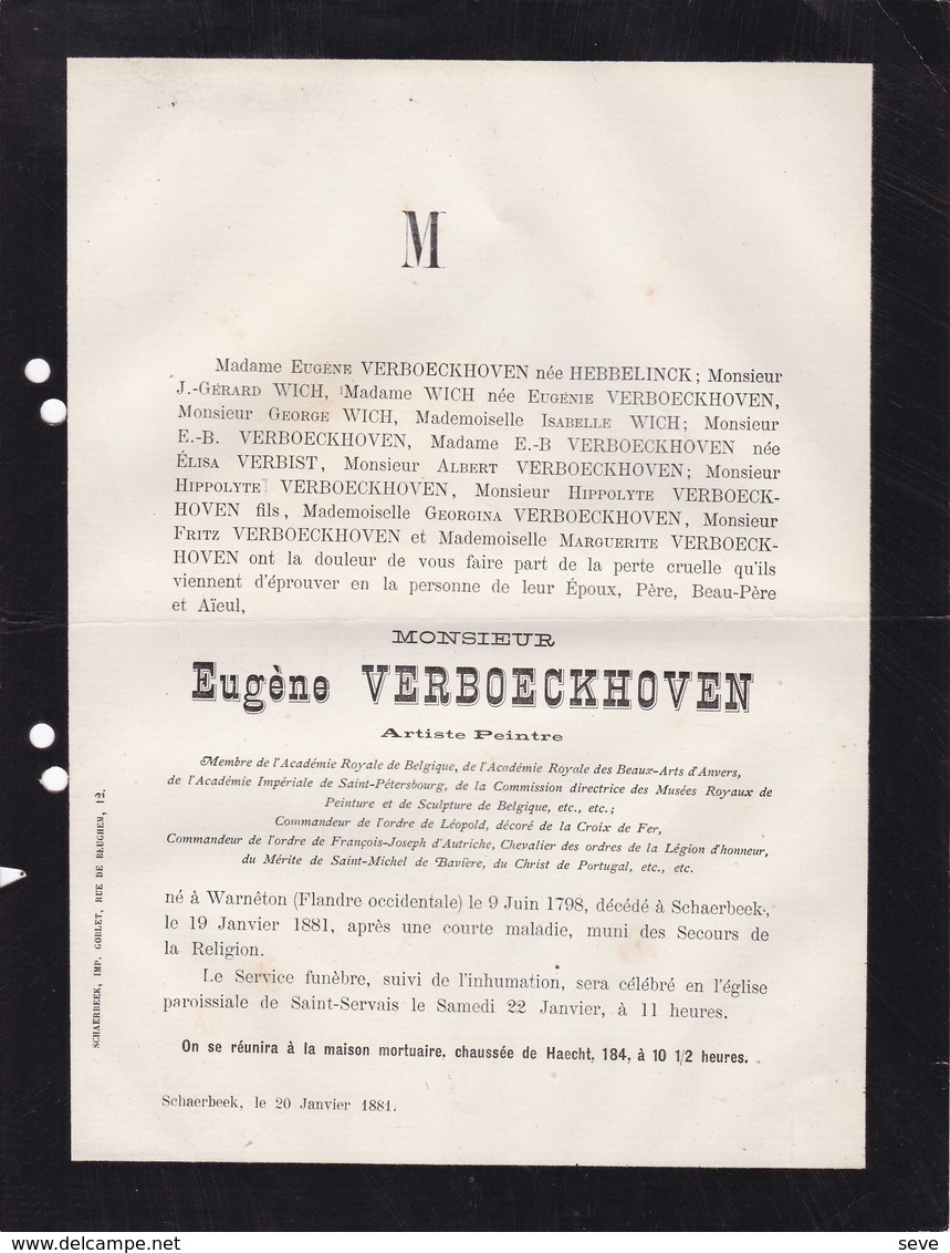 WARNETON SCHAERBEEK Peintre VERBOECKHOVEN Eugène 1798-1881 époux HEBBELINCK CROIX De FER 1830 Révolution - Décès