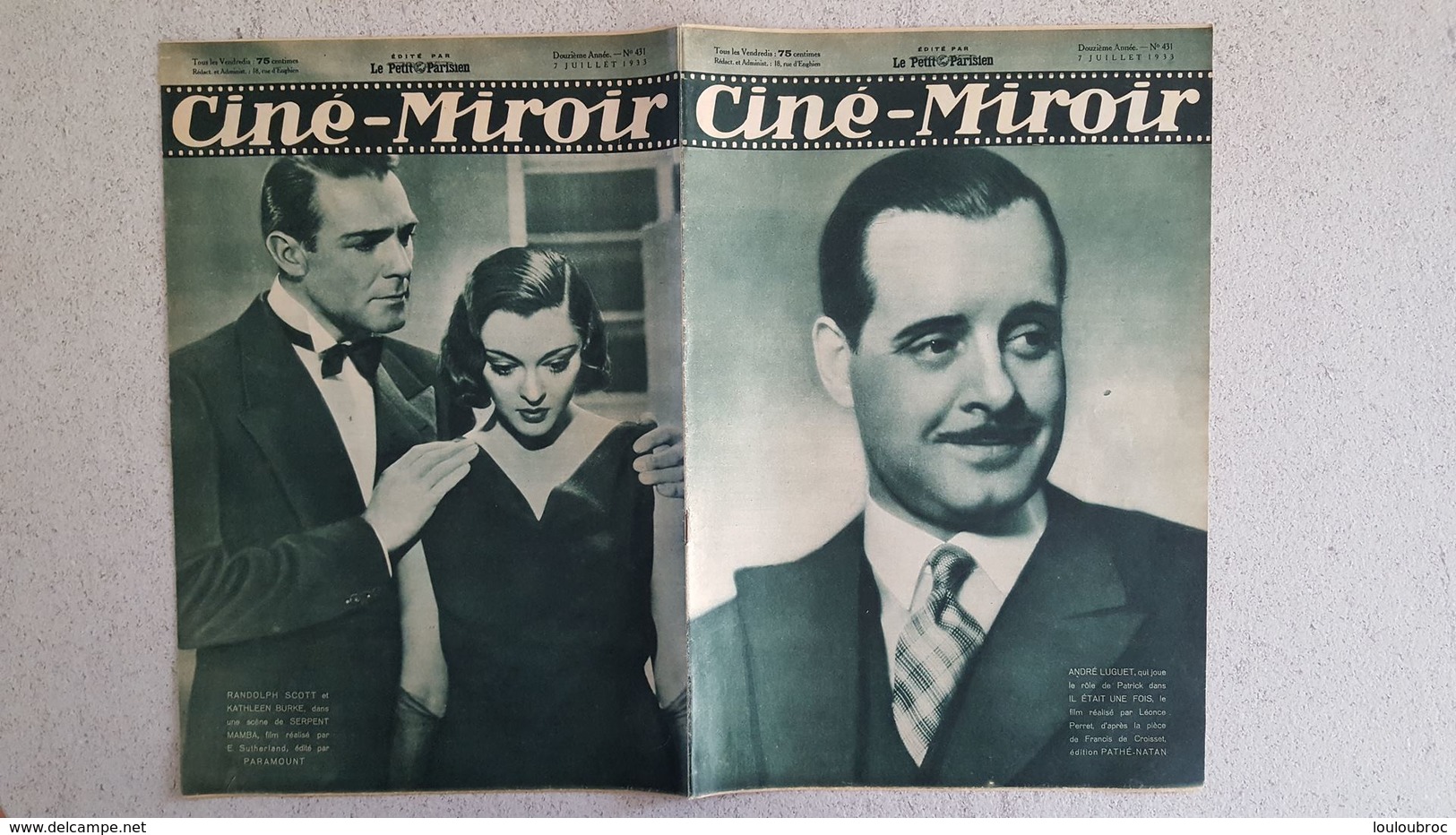 CINE MIROIR 07/1933 N°431 ANDRE LUGUET - RANDOLPH SCOTT ET KATHLEEN BURKE DANS SERPENT MAMBA - LE DEMON DU SOUS MARIN - Cinéma/Télévision