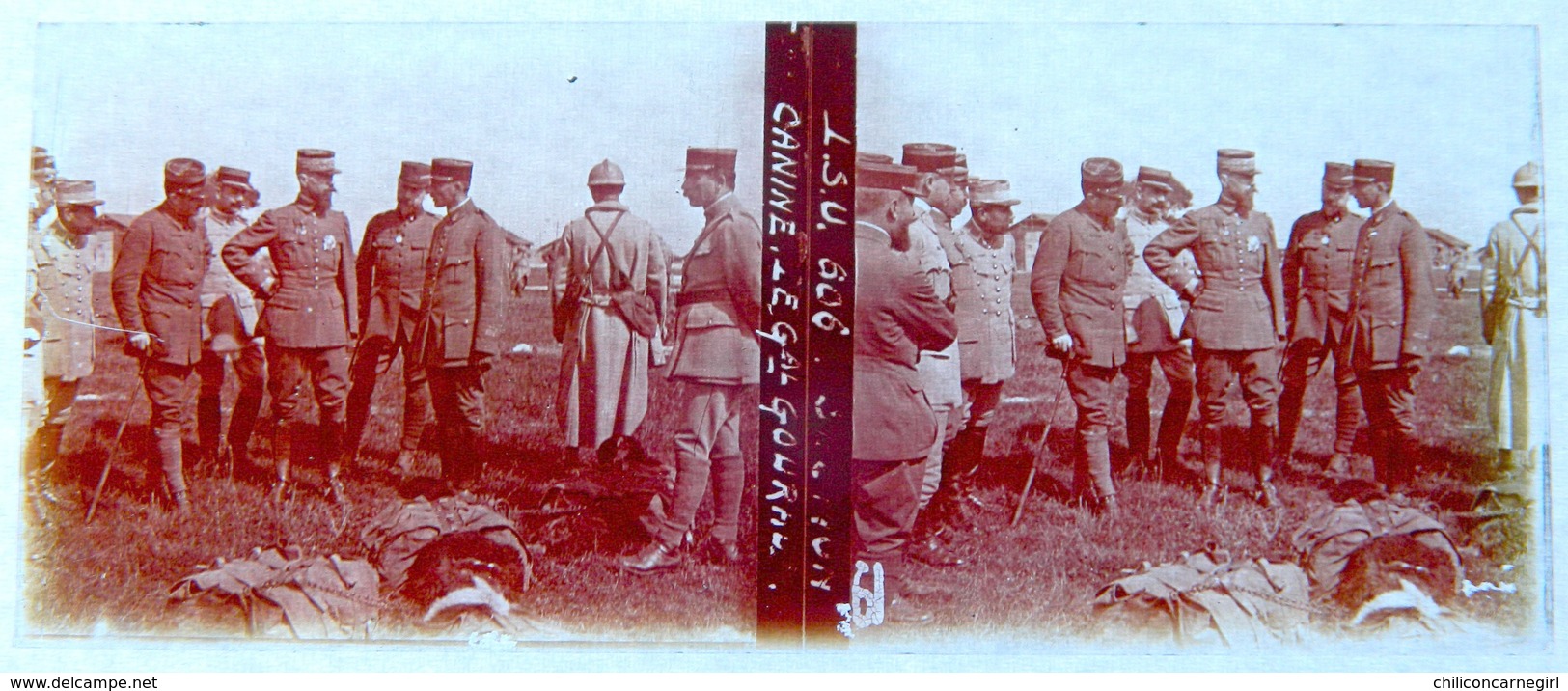 WW1 - PHOTO STEREO SUR PLAQUE DE VERRE - SECTION CANINE - LE GENERAL GOURAUD - MILITAIRE - ANIMEE - 10,6 X 4,4 Cm - Stereoscopic