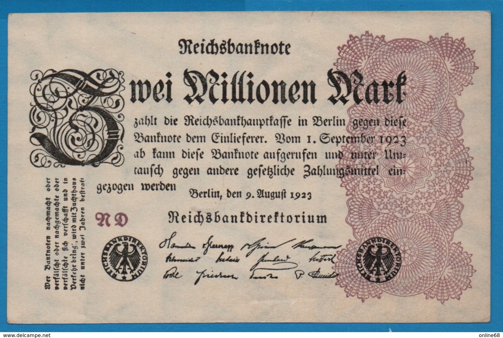 DEUTSCHES REICH 2 Millionen Mark 	09.08.1923	# RD  P# 104a - 2 Mio. Mark