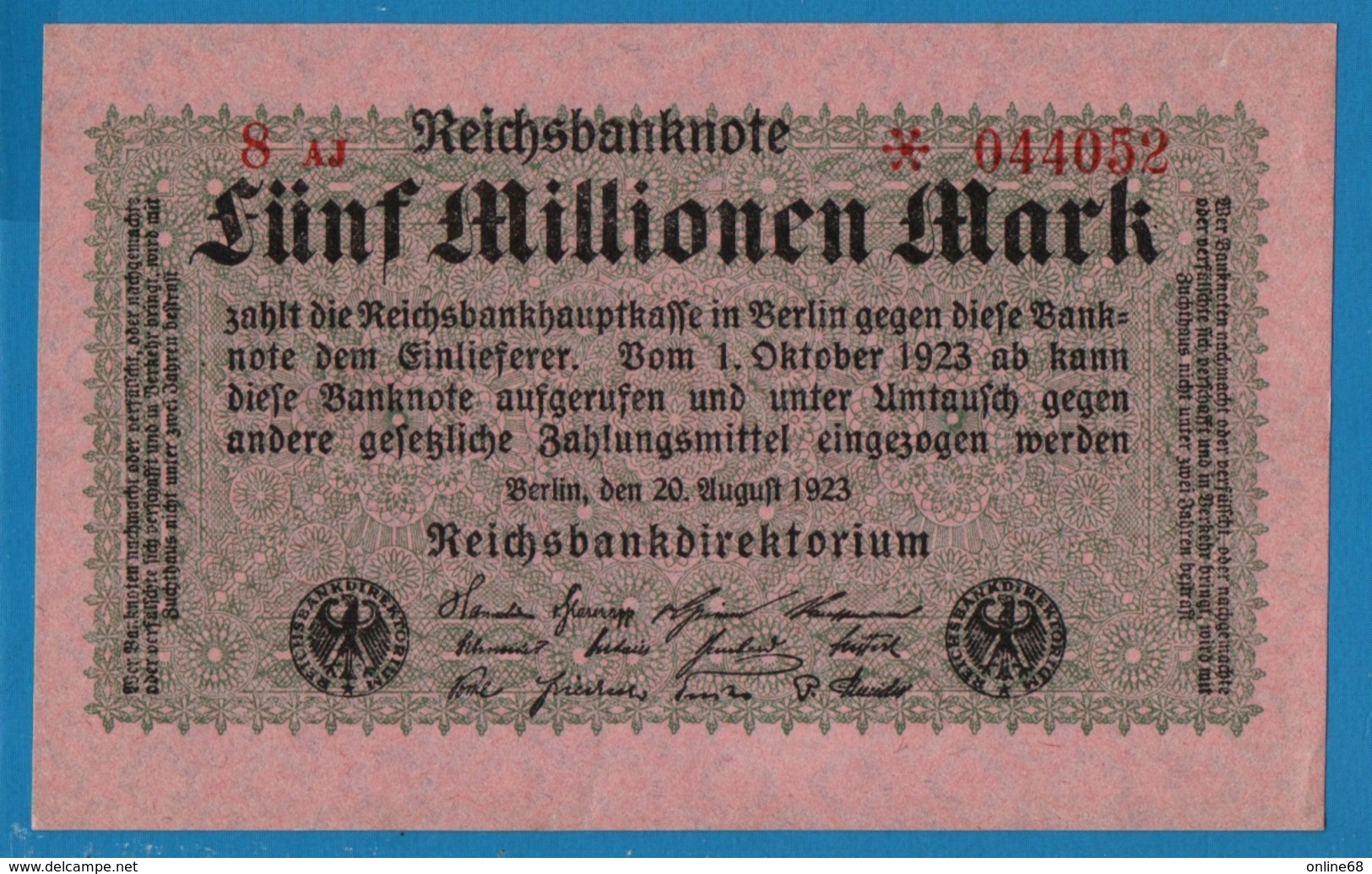 DEUTSCHES REICH	5 Millionen Mark 	20.08.1923	# 8AJ * 044052  P# 105 - 5 Mio. Mark