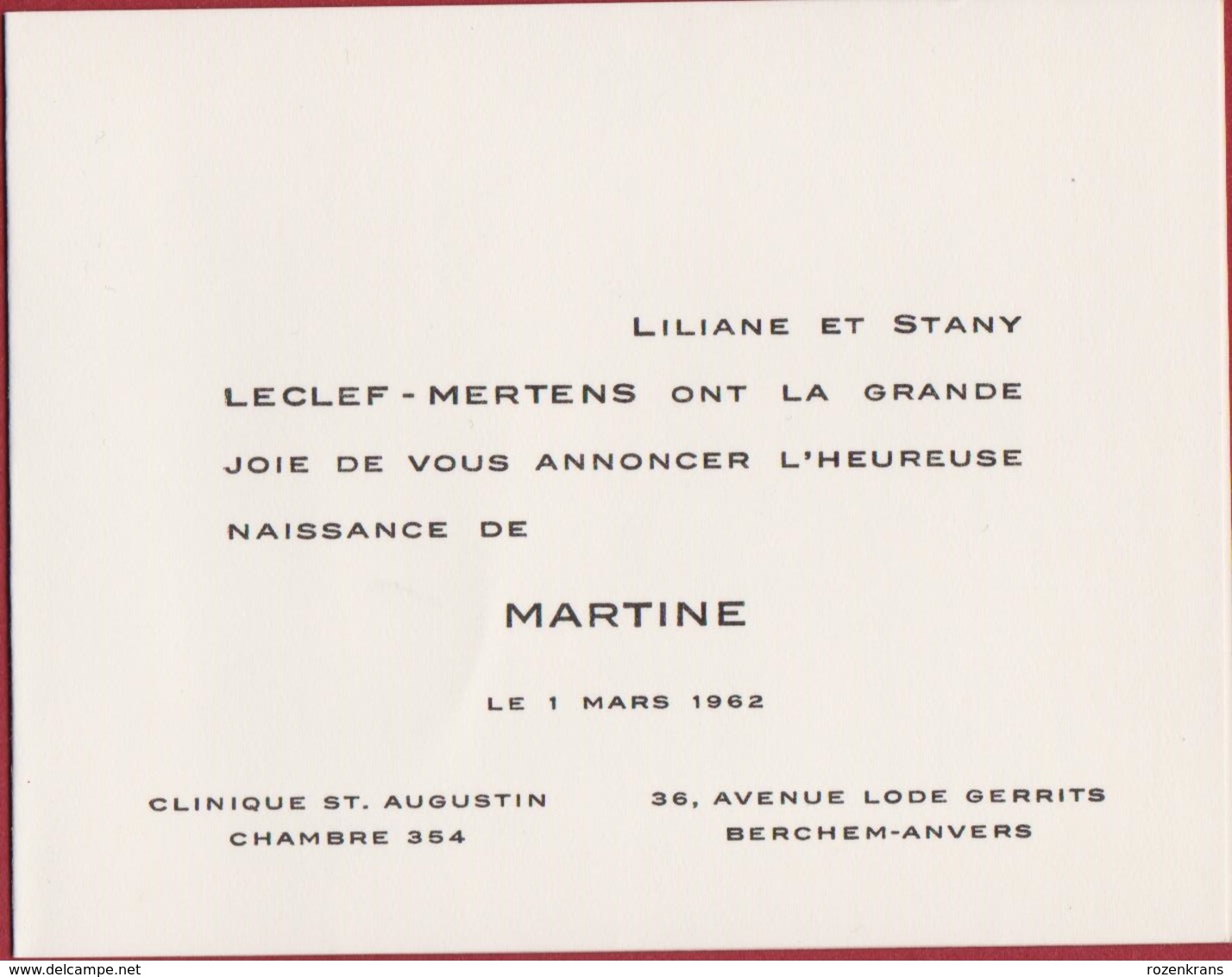 Geboortekaartje 1962 Carte Faire Part De Naissance Birth Card Baby Announcement Martine Leclef Mertens Berchem Anvers - Naissance