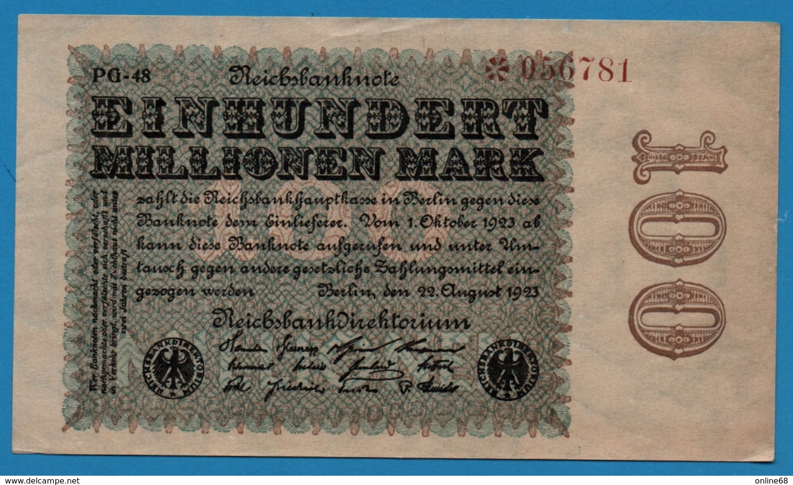 DEUTSCHES REICH 100 Millionen Mark	22.08.1923	PG-48 * 056781  P# 107d - 100 Miljoen Mark