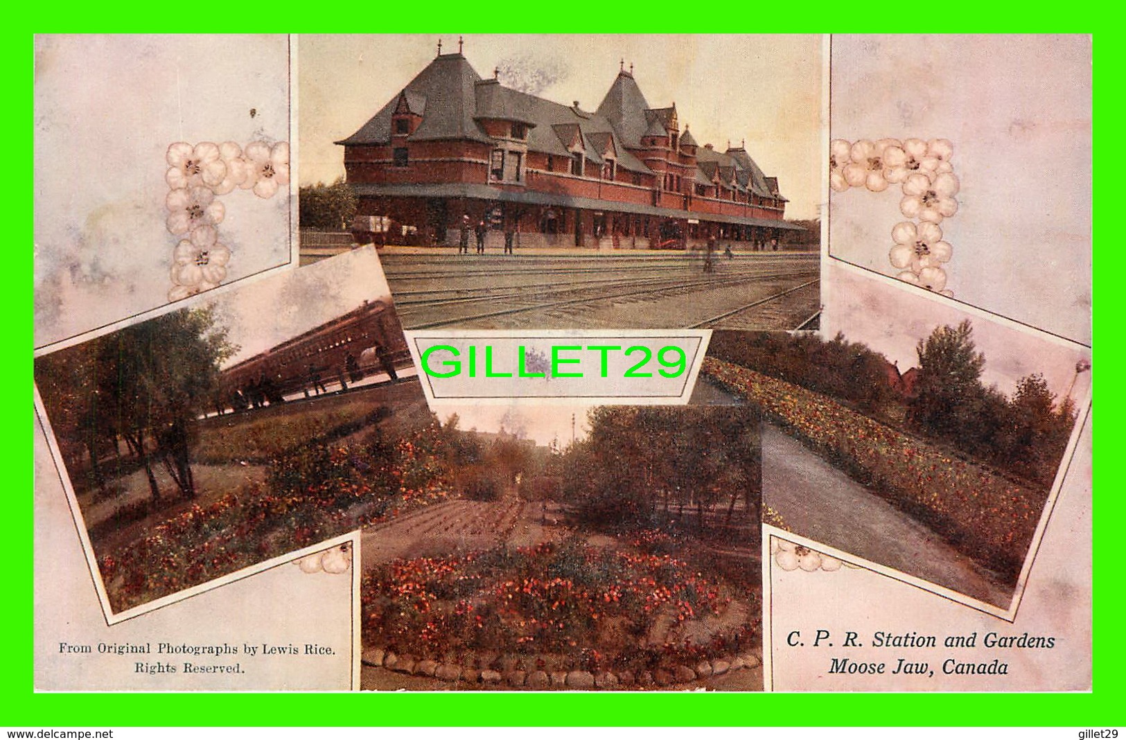 MOOSE JAW, SASKATCHEWAN - C. P. R. STATION AND GARDENS - 4 MULTIVUES - ANIMATED - LEWIS RICE, ILLUSTRATOR & PUB. - - Other & Unclassified