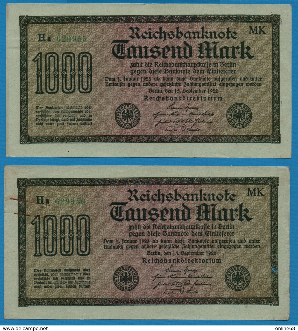 DEUTSCHES REICH 2x  1000 Mark Code MK 	15.09.1922	# Ha 629955+956 P# 76h	" Cons. Nbr" - 1000 Mark