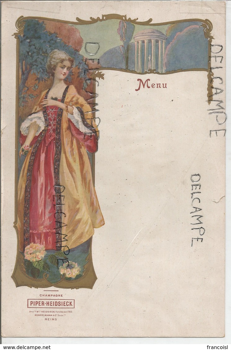 Menu Vierge. Champagne Piper-Heidsieck, Reims. Jeune Femme époque Louis XVI. - Menus