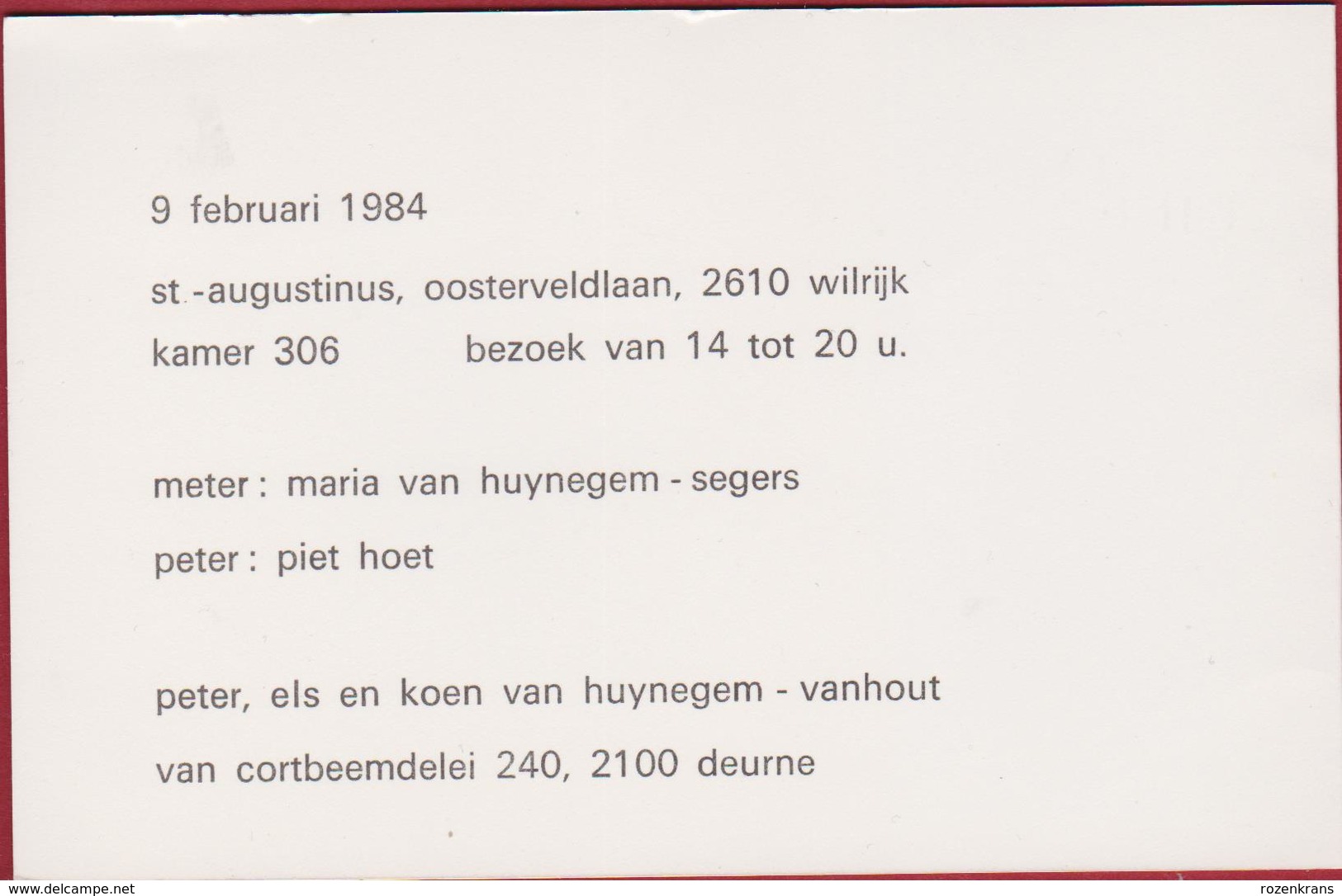 Geboortekaartje 1984 Carte Faire Part De Naissance Birth Card Baby Bebe Announcement Line Van Huynegem Vanhout Deurne - Naissance