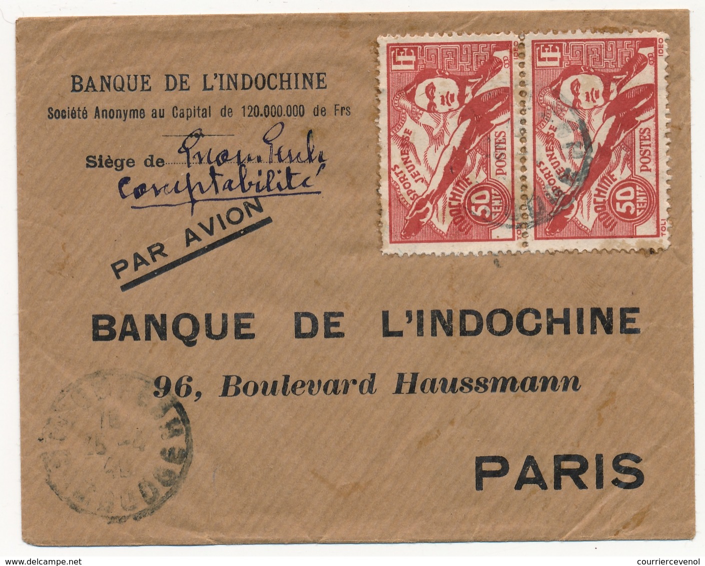 INDOCHINE - Petite Env. Banque De L'Indochine - Aff 50c Sports Jeunesse X2 + 15c Yersin X3 (au Dos) 1946 - Lettres & Documents