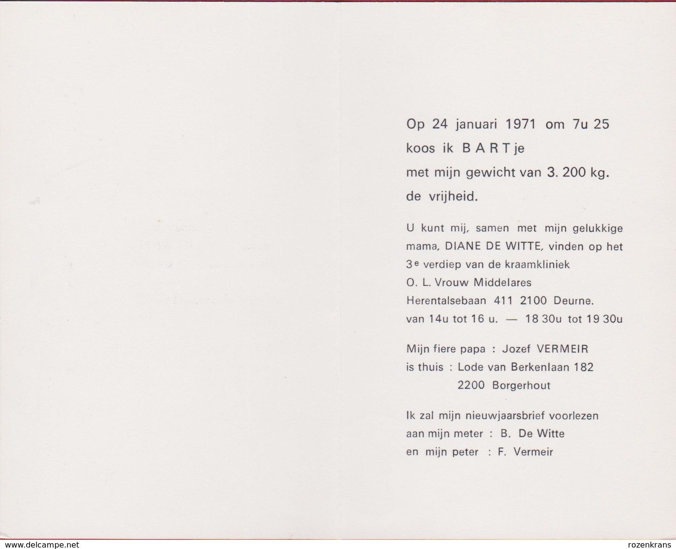 Geboortekaartje 1971 Carte Faire Part De Naissance Birth Card Baby Bebe Announcement Bart Vermeir De Witte Borgerhout - Nascite