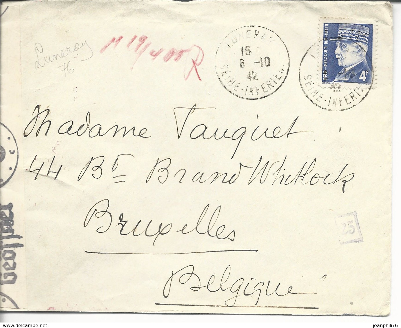 De Luneray Pour Bruxelles N°522 Seul/lettre Ouvert Par Censure Allemande Au Dos R.perrotte Greuville - 1921-1960: Periodo Moderno