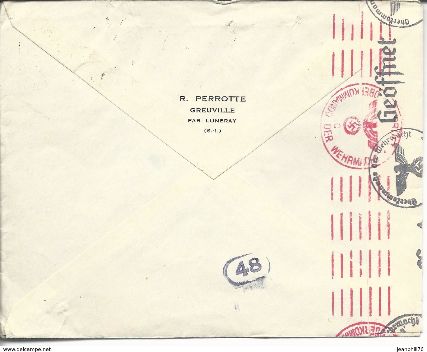 De Luneray Pour Bruxelles N°522 Seul/lettre Ouvert Par Censure Allemande Au Dos R.perrotte Greuville - 1921-1960: Periodo Moderno