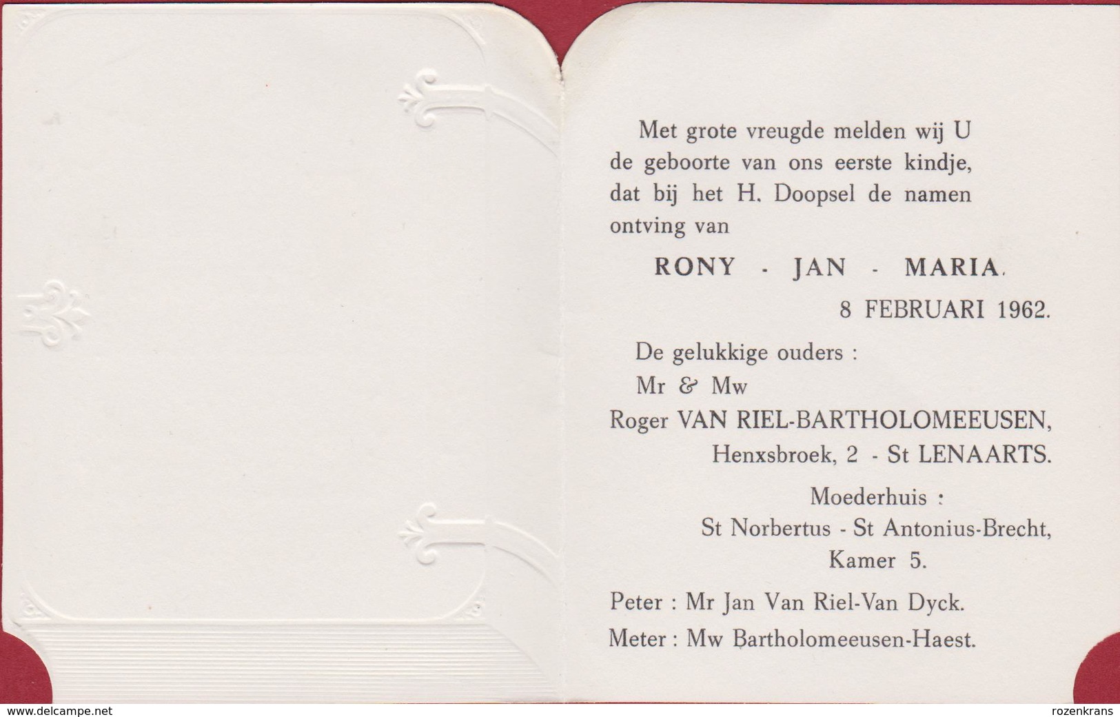 Geboortekaartje 1962 Carte Faire Part De Naissance Birth Bebe Baby Announcement Geburtsanzeige Rony Van Riel St Lenaarts - Nascite