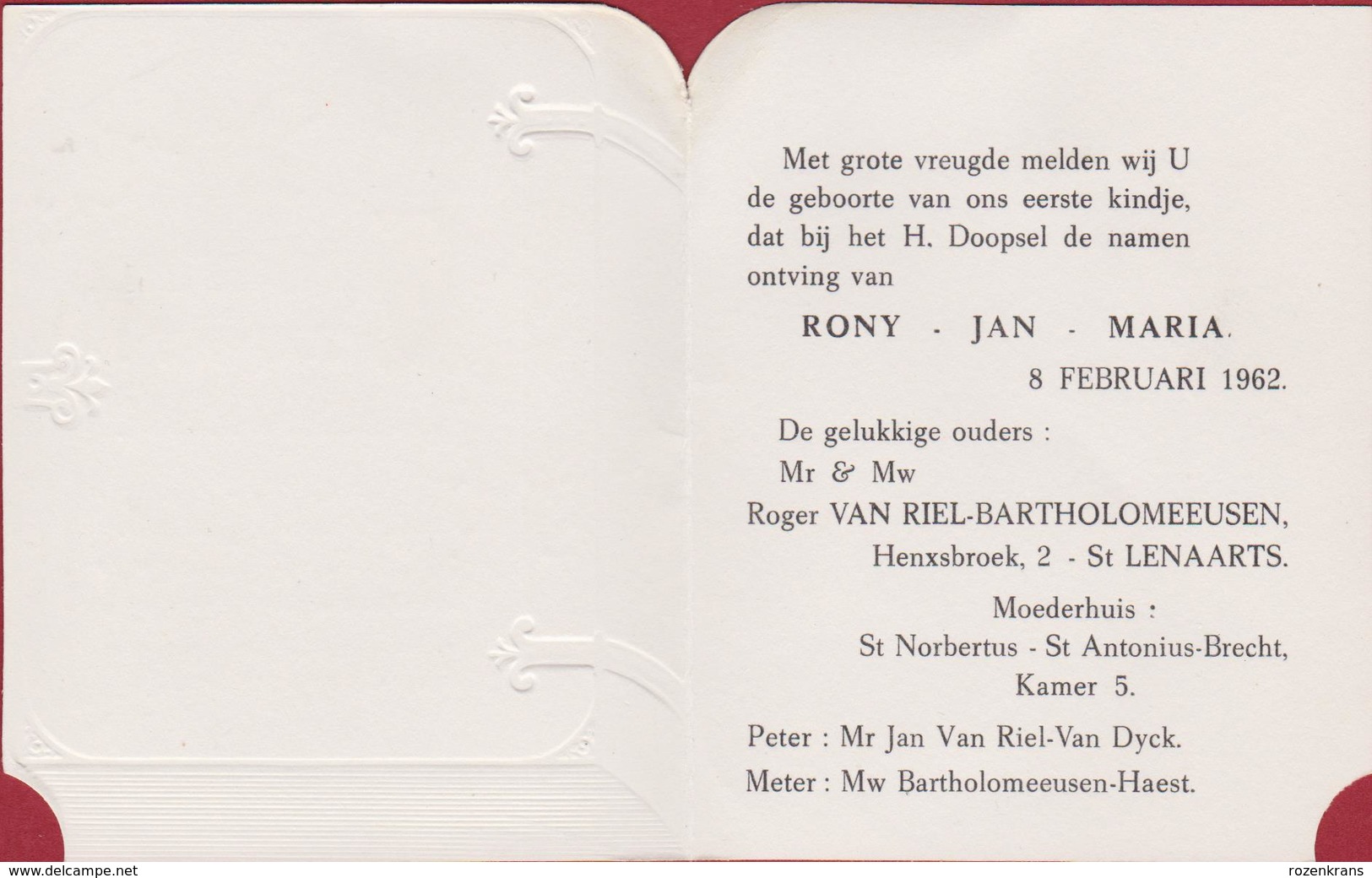 Geboortekaartje 1962 Carte Faire Part De Naissance Birth Bebe Baby Announcement Geburtsanzeige Rony Van Riel St Lenaarts - Geboorte