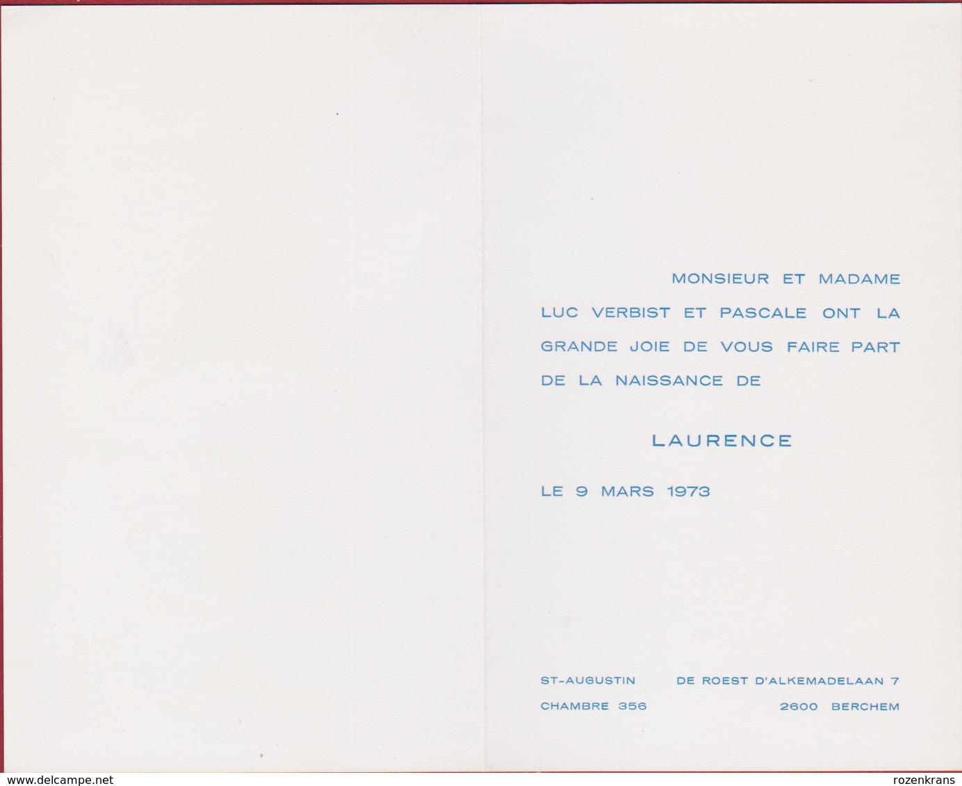 Geboortekaartje 1973 Carte Faire Part De Naissance Birth Card Bebe Retro Baby Announcement Laurence Verbist Berchem - Nascite