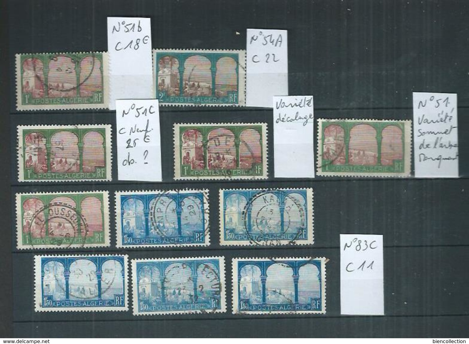 Algérie. Petit stock de timbres oblitérés dont variété 5eme arbre,arbre coupé ou autres, cote > 1000€