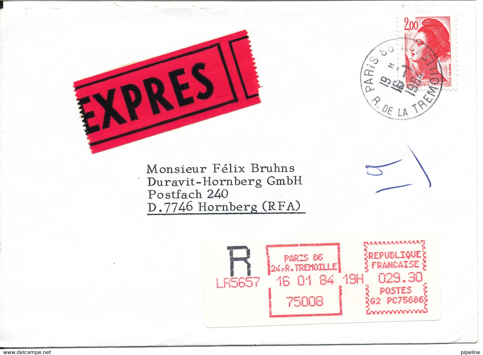 France Registered Express Cover With A Stamp And Meter Cancel Sent To Germany 16-1-1984 - Covers & Documents