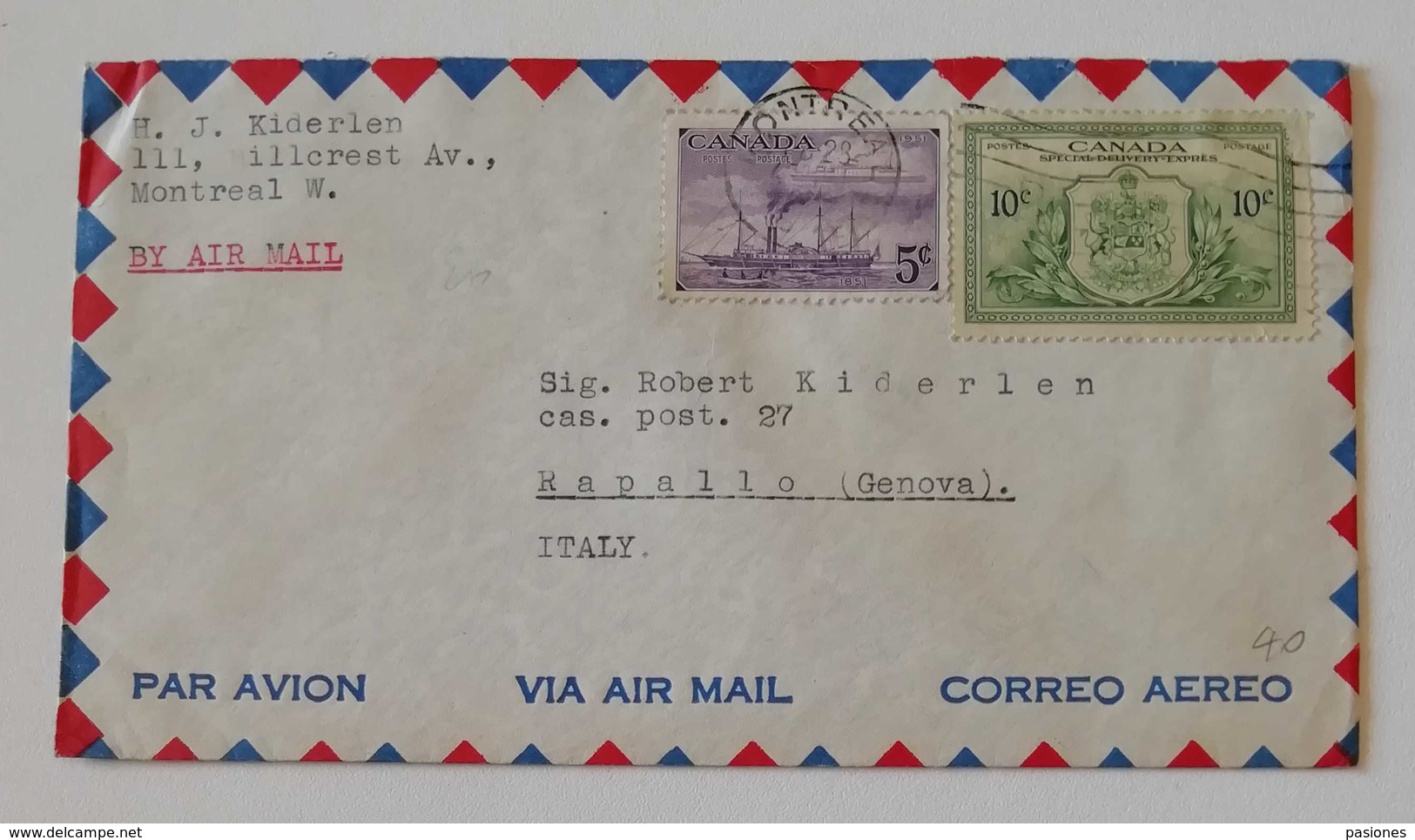 Busta Di Lettera Per Via Aerea Montreal-Rapallo (GE, Ita) - Anno 1951 - Entrega Especial/Entrega Inmediata