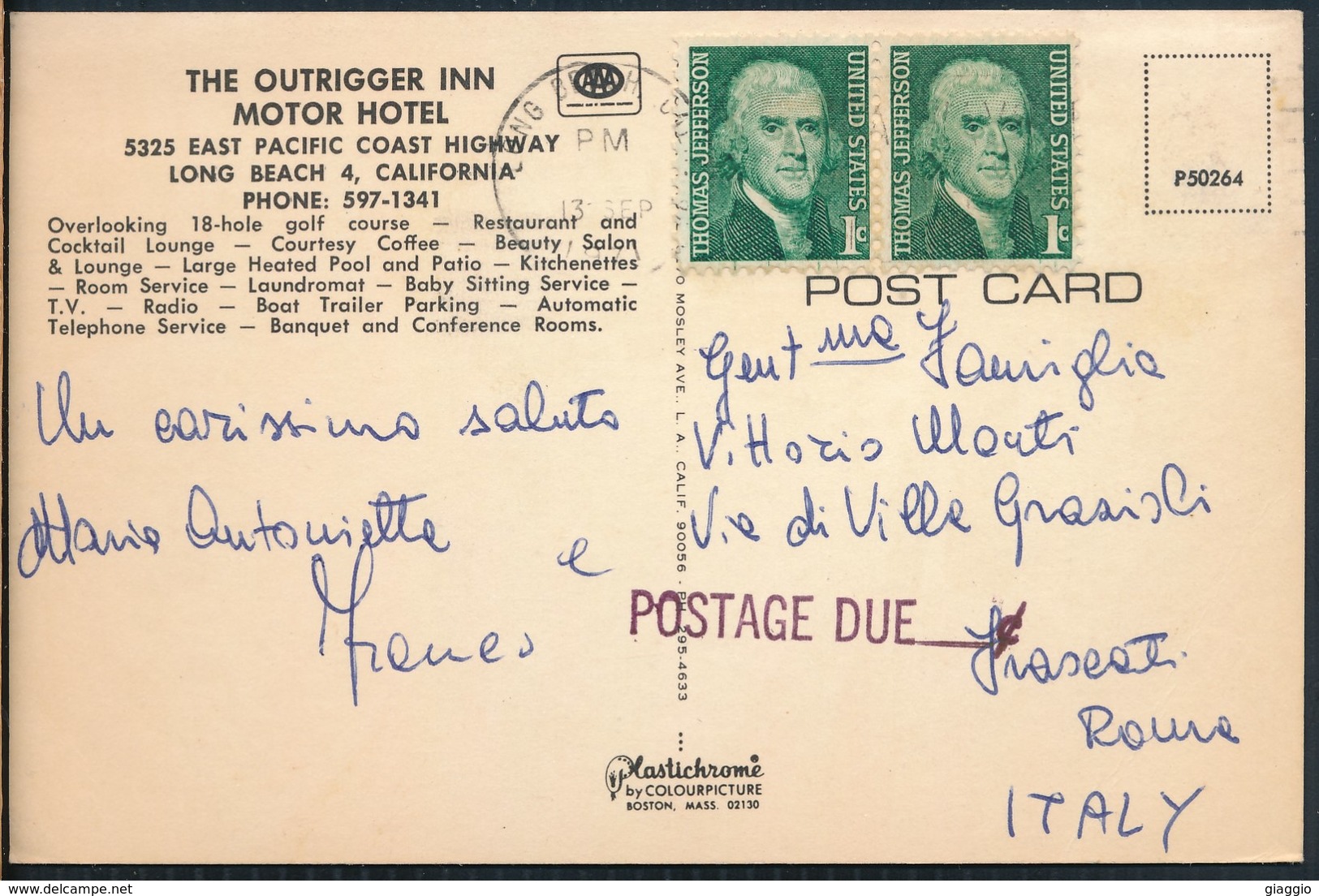 °°° 19713 - USA - CA - LONG BEACH - THE OUTRIGGER INN MOTOR HOTEL - 1971 With Stamps °°° - Long Beach