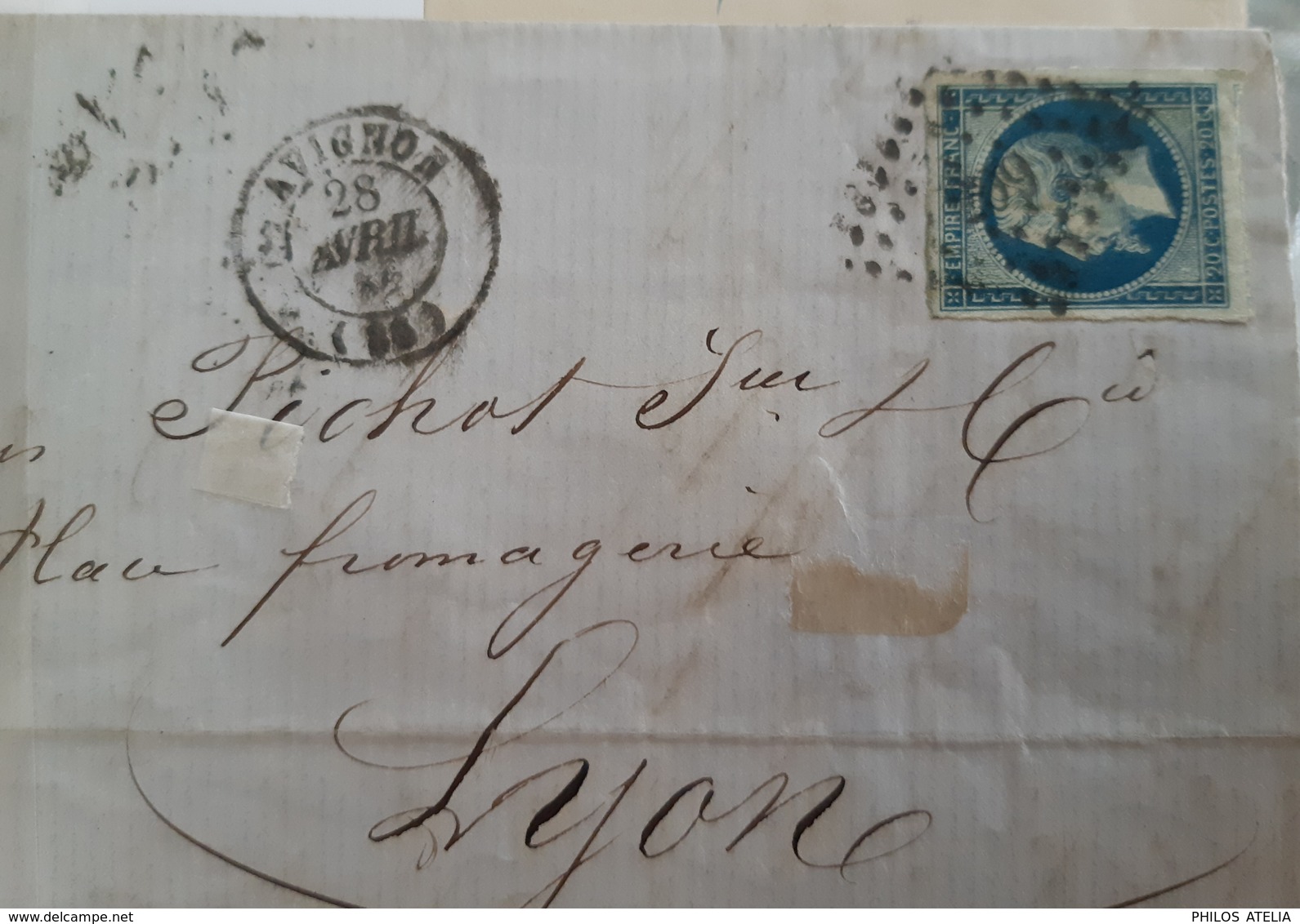 YT 14 Ba bleu sur vert Napoléon Empire type II seul sur lettre Oblitération petits chiffres + CAD T15 Avignon 28 4 1861