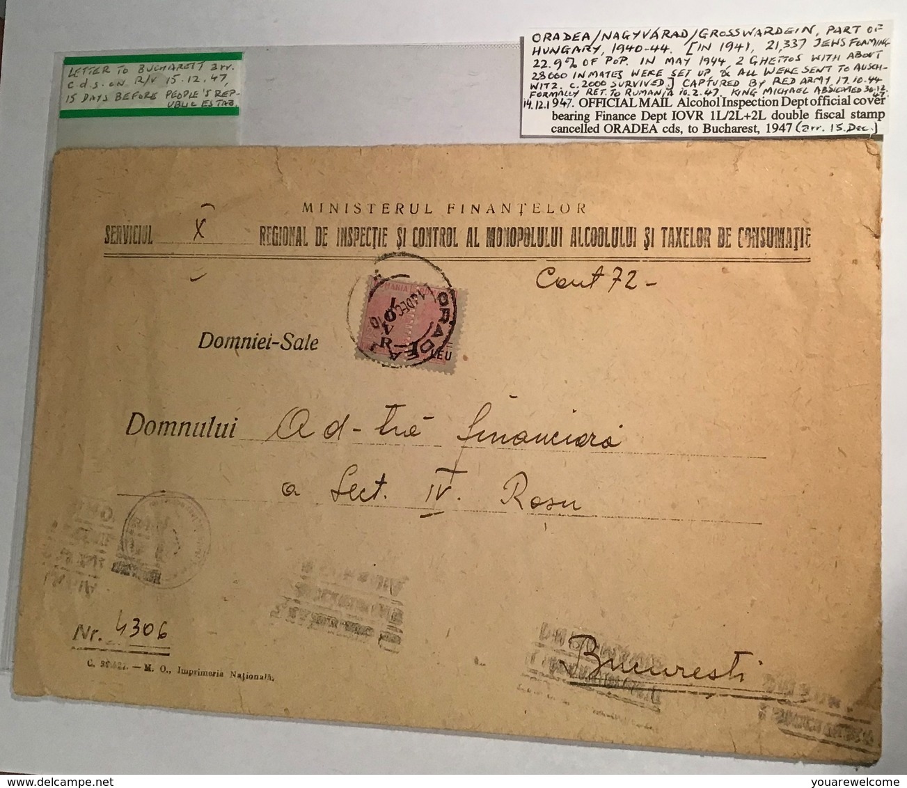 1947 1 Leu IOVR Postal-fiscal Official Cover ORADEA(Alcohol Romania Rumänien Brief Lettre Roumanie Post-Steuermarken - Fiscaux