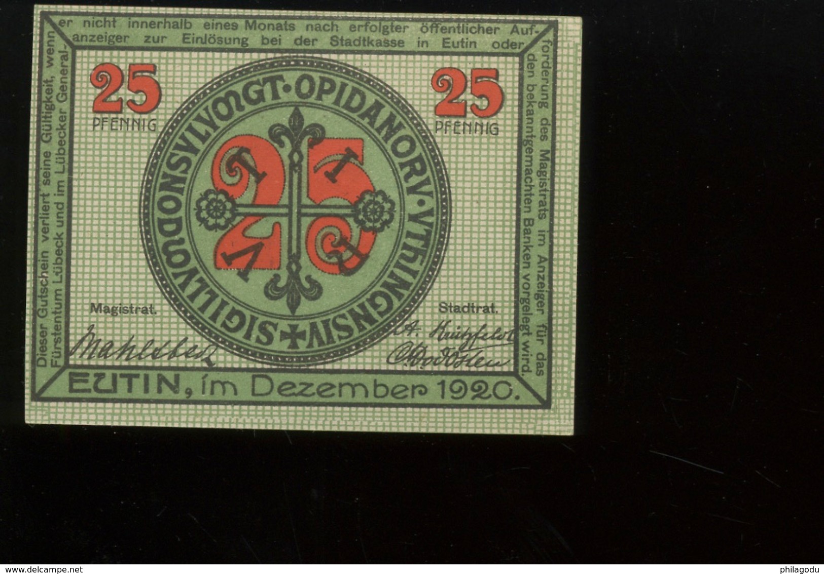 Notgeld.  Stadt EUTIN.  Dez 1920.  Armoiries Waffen SUPERBE Aucun Pli - Zonder Classificatie