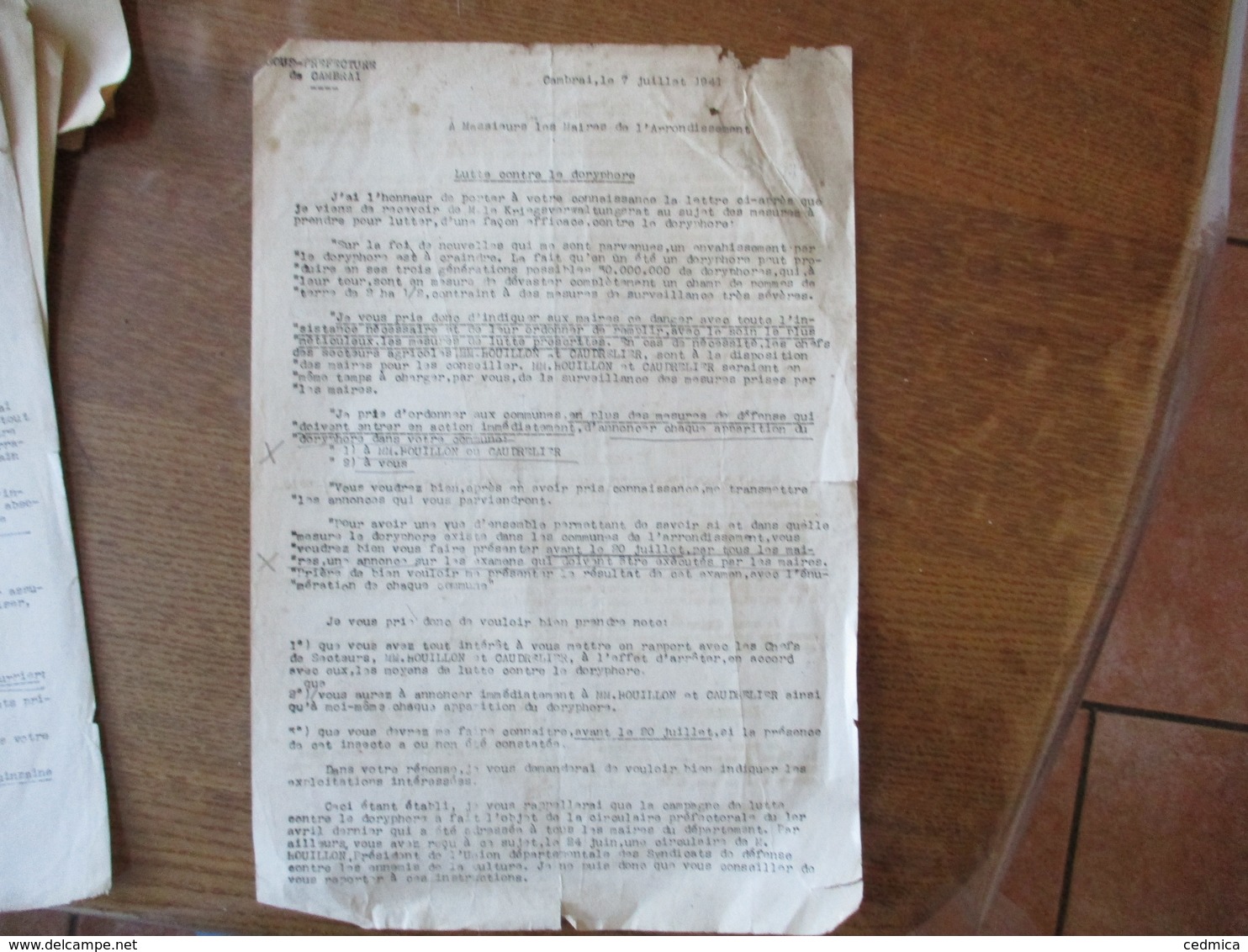 CAMBRAI LE 7 JUILLET 1941 LE SOUS PREFET LETTRE DE M.LE KRIEGSVERWALTUNGSRAT AU SUJET DE LA LUTTE CONTRE LE DORYPHORE - Documents Historiques