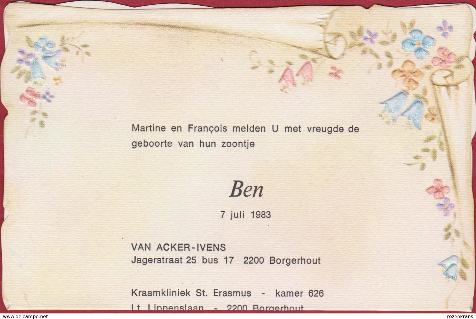 Geboortekaartje 1983 Carte Faire Part De Naissance Birth Bebe Baby Geburtsanzeige Ben Van Acker Ivens Borgerhout - Nascite