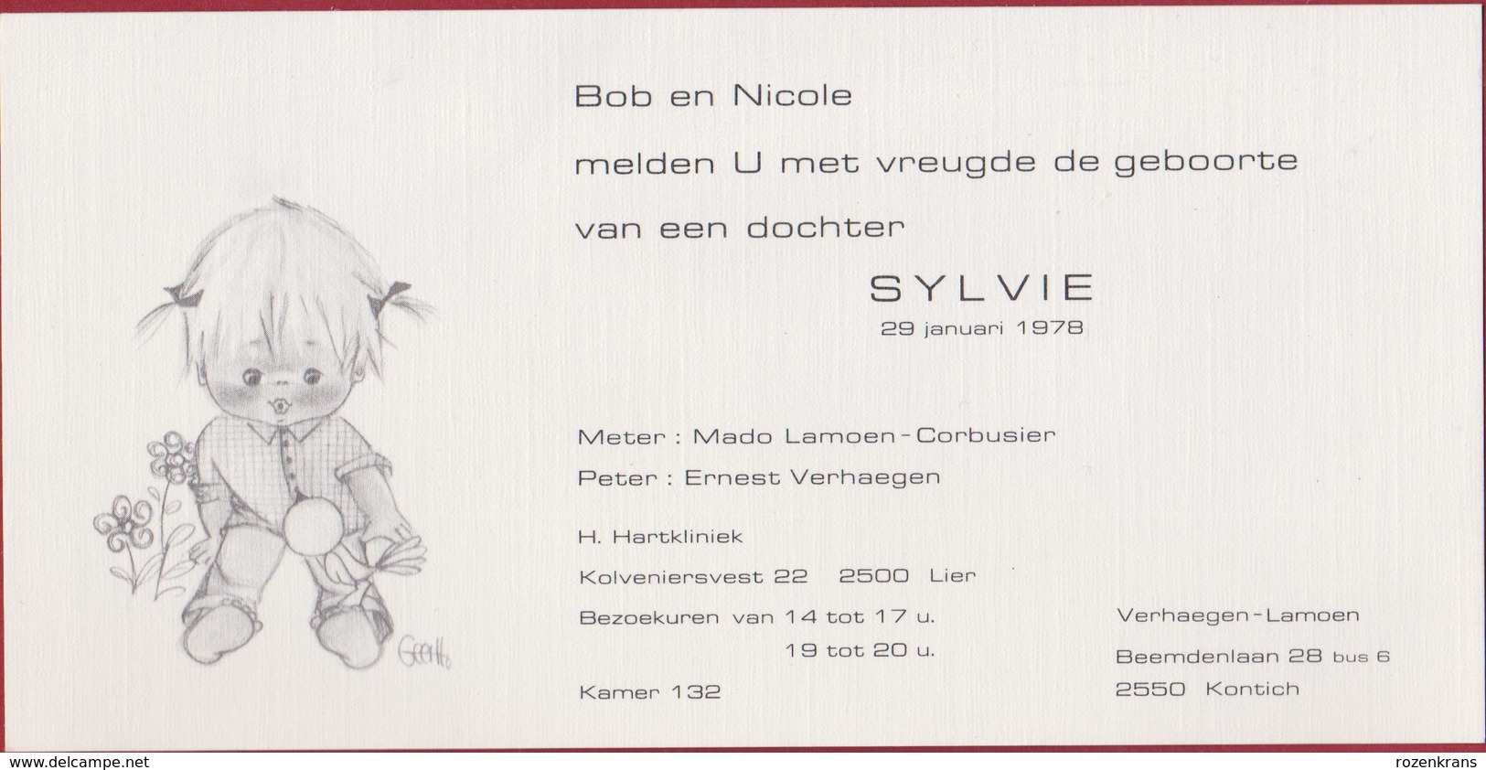 Geboortekaartje 1978 Carte Faire Part De Naissance Birth Bebe Baby Geburtsanzeige Sylvie Verhaegen Lamoen Kontich - Geburt