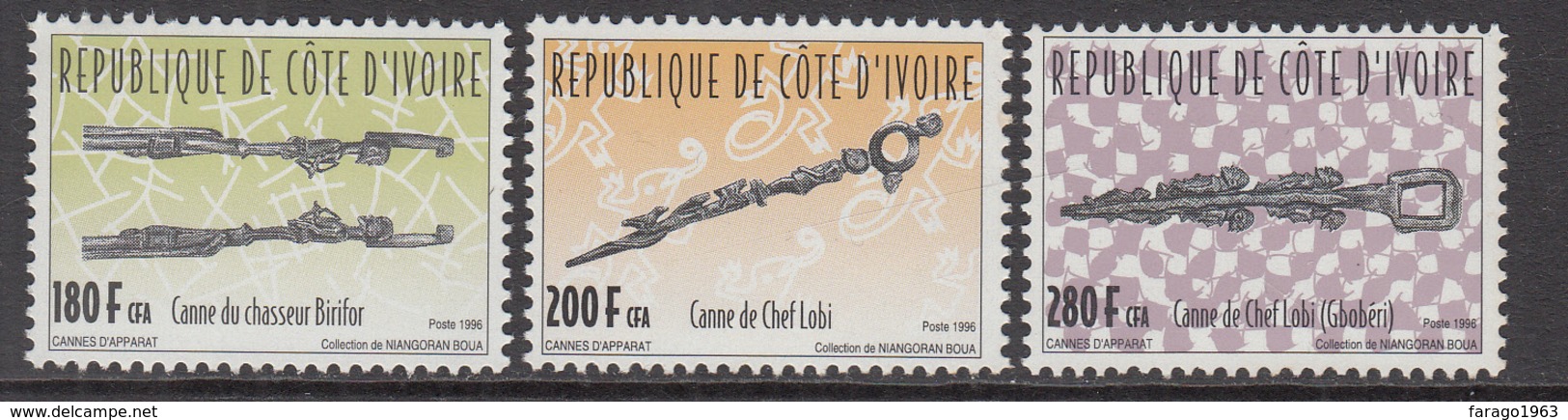 1997 Cote D'Ivoire Ivory Coast Carved Canes Culture Complete Set Of 3 - Ivoorkust (1960-...)