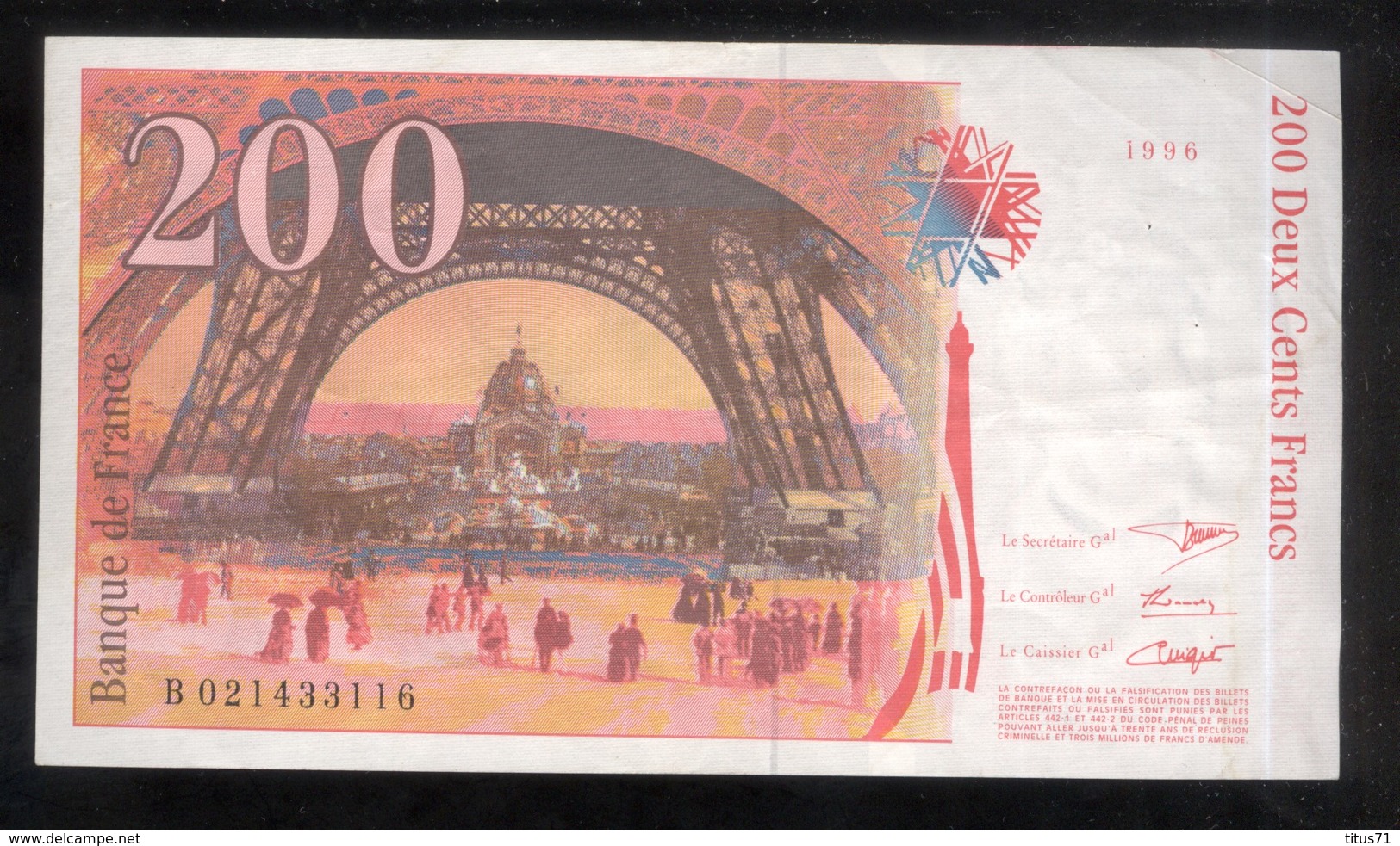 Billet 200 Francs France Eiffel 1996 Lettre B - 200 F 1995-1999 ''Eiffel''