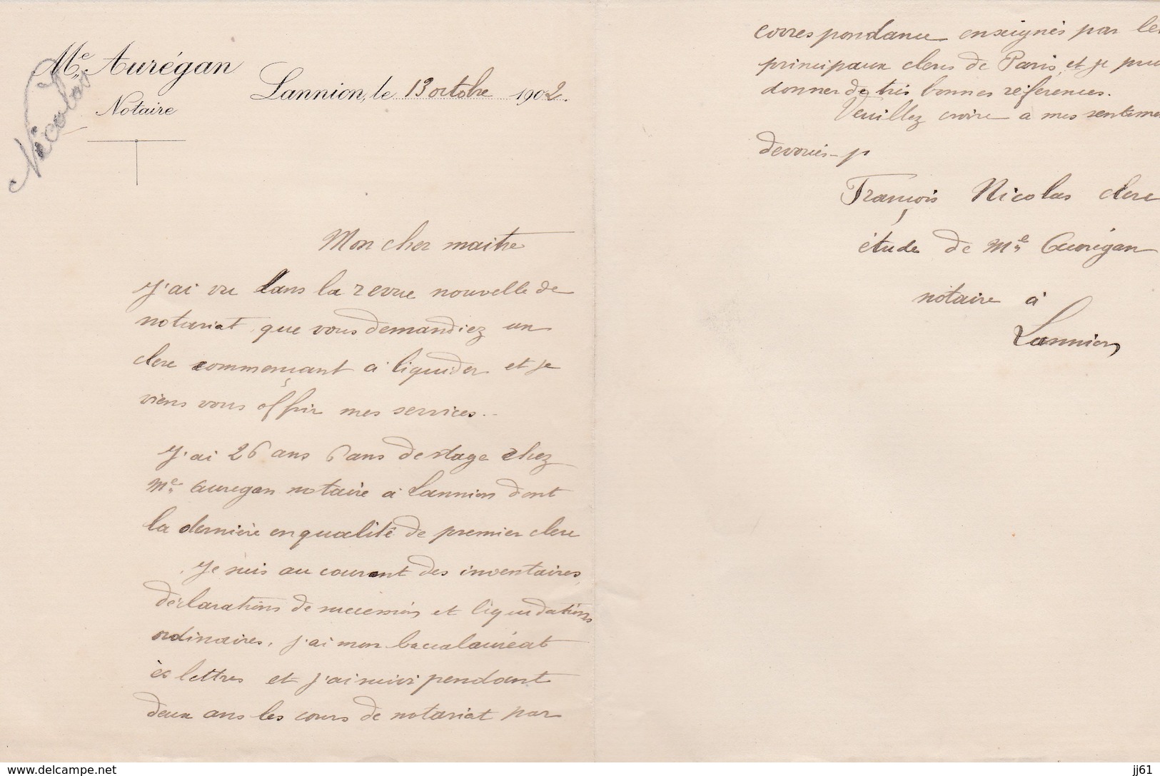 LANNION MR AUREGAN NOTAIRE PETITE LETTRE DOUBLE DE MR FRANCOIS NICOLAS CLERC DE NOTAIRE ANNEE 1902 - Autres & Non Classés